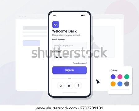 A mobile device displays a login screen where users can enter their email and password. There are options for account recovery and colors for design.