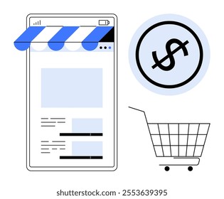 Mobile device displays an online store, a dollar sign encircles by a circle, and a shopping cart. Ideal for e-commerce, mobile shopping, financial transactions, retail, and digital marketplaces