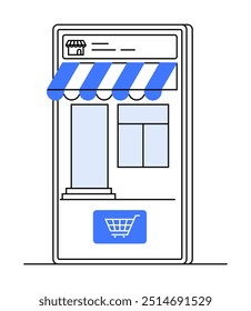 Um dispositivo móvel exibe uma vitrine eletrônica com um toldo listrado azul e branco. Um ícone de carrinho de compras está visível na parte inferior. Ideal para e-commerce, compras on-line, marketing digital, aplicativos móveis