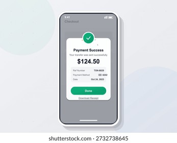 A mobile device displays a payment success notification after a transaction. It includes the amount, reference number, payment method, and date of the transaction.