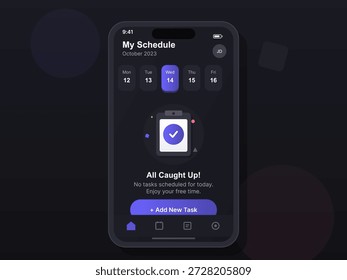 A mobile device displays a schedule for October 14, 2023, showing no tasks for the day. There is an option to add new tasks below the message about free time.