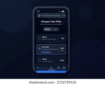 Um dispositivo móvel exibe uma tela para planos de assinatura. Os usuários veem opções para Básico, Plano Pro e Equipe, com preços e recursos listados claramente.