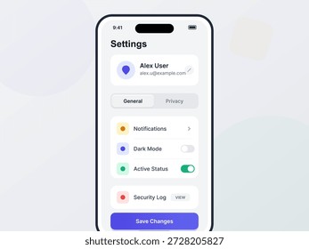 Um dispositivo móvel exibe um menu de configurações. Os detalhes do usuário são mostrados junto com as opções de notificações, modo escuro e configurações de status ativo.