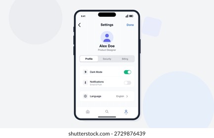 Um dispositivo móvel exibe a tela de configurações com um perfil de usuário. As opções de modo escuro, notificações e escolha de idioma estão visíveis. Detalhes e status do usuário também são mostrados.