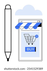 Mobile device displays a shopping cart icon with buy button and notification. Pen is beside device under cloud. Ideal for online shopping, mobile commerce, e-commerce apps, digital transactions