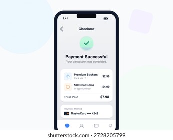 Un dispositivo móvil muestra una confirmación de pago exitosa para comprar pegatinas digitales y monedas de chat. El importe total pagado se muestra en la pantalla.