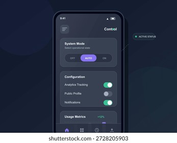 A mobile device displays system mode options including on and off settings. Configuration options for analytics tracking and notifications are shown. Active status is indicated on the screen.