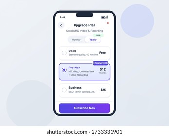 Un dispositivo móvil muestra varios Plan de suscripción Video para los servicios de grabación. Los usuarios pueden elegir entre Planes Básicos, Pro y Business con diferentes características y Precios.