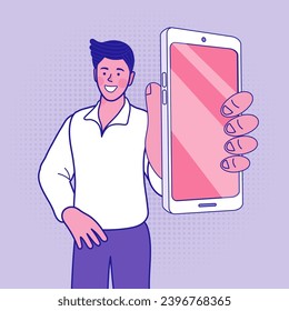 Mobile device with empty display. Worker or business man showing smartphone, man holding smartphone close up. Flat design vector outline illustration.
