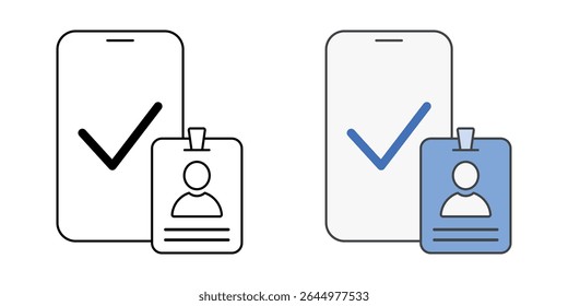 Mobile device enrollment icon with smartphone, check mark, and ID badge, in outline and color styles, ideal for illustrating employee device registration, mobile onboarding, and secure IT enrollment.
