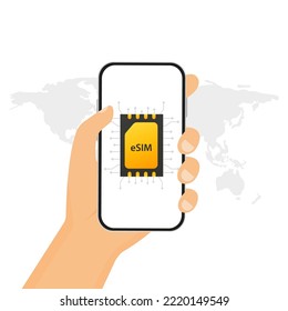 A mobile device with an eSIM chip. Built-in SIM card. A new concept of mobile communication technology. A smartphone with an eSIM card chip. Hand with phone with eSIM technology. Vector illustration