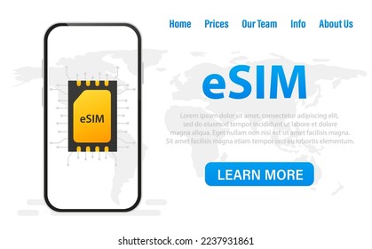 A mobile device with an eSIM chip. Built-in SIM card. A new concept of mobile communication technology. A smartphone with an eSIM card chip on a world map background. Vector illustration