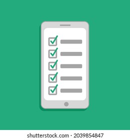 Mobile device flat vector illustration with lists isolated on a green background 