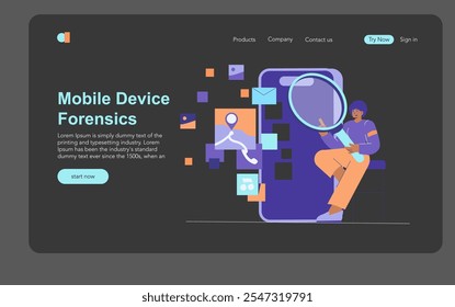 Mobile Device Forensics concept. An expert analyzes smartphone data with a magnifying glass amid digital icons. Cybersecurity and digital investigation. Vector illustration.