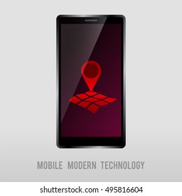 Mobile Device With Geo Mark On Screen Vector Illustration. Mobile Phone. Mobile Gadget. GPS Tracking. GPS Technology. Geo Location Tracking. Mobile Location Search. Online Location. Search Location.