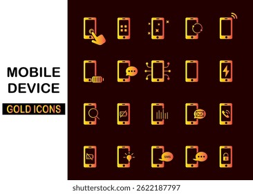 Mobile device gold icons. communication and smartphone.