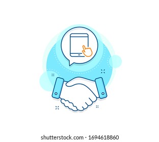 Dispositivo móvil con signo de cursor de mano. Icono de complejo de trato de apretón de manos. Icono de Tablet PC. Símbolos gadget de pantalla táctil. El acuerdo da la mano en la pancarta. Signo de Tablet PC. Vector