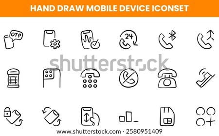 Mobile Device hand draw icon sets with call, setting, communication, mega phone, mobile app, mobile camera, message, network, sim card, Simple flat vector
illustration.