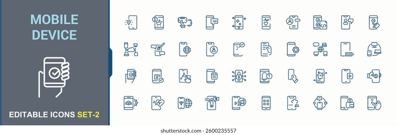 Mobile Device icon. It contains symbols to smartphone, app, communication, smart, phone, cell, and more. Mobile Phone icon set. Minimalist icons collection. Editable stroke. Vector illustration.