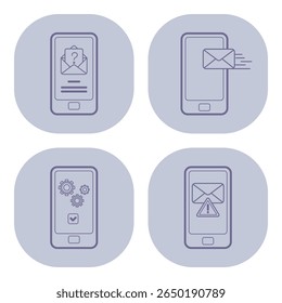 Iconos de dispositivos móviles de varias características de comunicación. Notificaciones de mensajes, Configuraciones y alertas. Interacción efectiva con el concepto de dispositivos