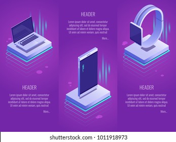 Mobile device landing page concepts.Set of 3 vector header template such as phone,laptop,watches.Vector isometric illustration on a purple gradient background Mobile device landing page concepts.Set of 3 vector header template such as phone,laptop,watches.Vector isometric illustration on a purple gradient background