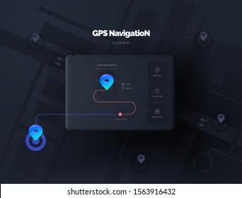 Mobile device with a layout app for orient. Gps navigation system. Mobile application for navigation. Gps smart tracker. Mobile phone is a mark on the map. Modern vector illustration 
