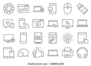 Mobile device line icons. Laptop, Tablet PC and Smartphone icons. HDD, SSD and Flash drive. Headphones, Printer and tablet device. Mouse, ssd disk, mobile laptop. Memory hdd drive. Vector