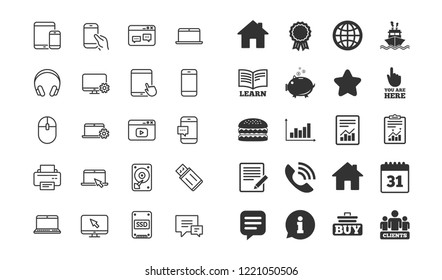 Mobile Device line icons. Set of Laptop, Tablet PC and Smartphone signs. HDD, SSD and Flash drives. Headphones, Printer and Mouse symbols. Mobile laptop device vector