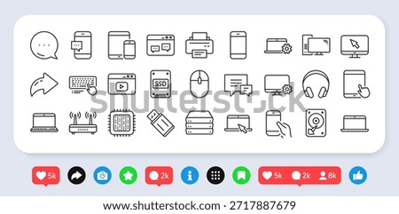 Mobile device line icons. Social media: share, comment, like icons. Smartphone, Laptop, Tablet PC icons. HDD, SSD and Flash drive. Headphones, Printer and tablet device. Vector