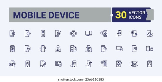 Mobile Device linear icon collection. Containing app, media, art, call, application, mail and more. Simple line vector. Vector outline and solid icons collection.