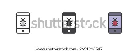 Mobile device with malware icon set in line, solid and filled outline style. Cyber virus on smartphone symbol. Hacked phone vector icon pack.