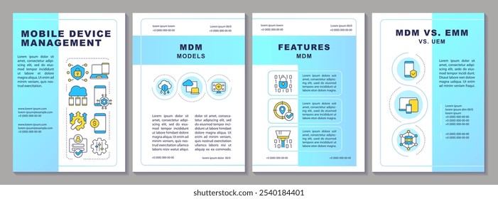 Mobile device management brochure template. Leaflet design with linear icons. Editable 4 vector layouts for presentation, annual reports. Arial-Black, Myriad Pro-Regular fonts used