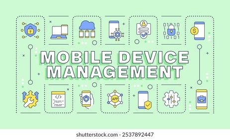 Konzept für die Verwaltung mobiler Geräte. Cyber-Sicherheit, Unternehmen. Cloud-Technologie. Typografie-Banner Vektorgrafik mit Titeltext, bearbeitbare Symbole, Farbe