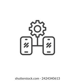 Mobile Device Management line icon. linear style sign for mobile concept and web design. Mobile devices connected to gear outline vector icon. Symbol, logo illustration. Vector graphics