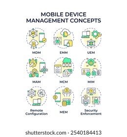 Mobile device management multi color concept icons. Data control, security. Privacy protection, corporate. Icon pack. Vector images. Round shape illustrations for infographic. Abstract idea