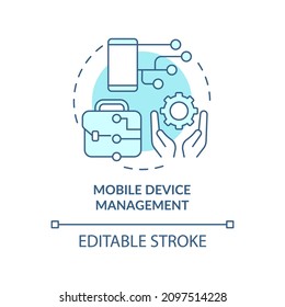 Mobile device management turquoise concept icon. Corporate computer services abstract idea thin line illustration. Isolated outline drawing. Editable stroke. Roboto-Medium, Myriad Pro-Bold fonts used