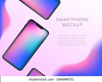 Mobile device mockup with colorful mesh background. Modern, abstract trendy gradient. Phone for web background design. Mockup smartphone blank screen.