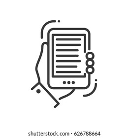 Mobile device - modern vector single line icon. An image of a hand holding a tablet or smartphone. Representation of distance education, technology, understanding, reading, editing.