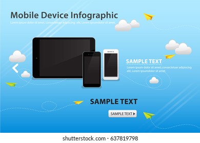 Mobile and Device on Blue Sky Color Background with Paper Plane
