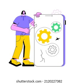 Mobile device repair abstract concept vector illustration. Mobile phone and tablet repair service, smartphone setup, device problem diagnostics, broken gadget, smartwatch fixing abstract metaphor.