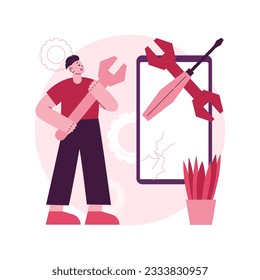 Ilustración de vector de concepto abstracto de reparación de dispositivos móviles. Servicio de reparación de teléfonos móviles y tablet, configuración de smartphones, diagnóstico de problemas de dispositivos, gadget roto, metáfora abstracta de arreglo de reloj inteligente.