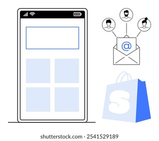 Tela de dispositivo móvel com layout de aplicativo e ícones de comunicação envelope de email com avatares e saco de compras. Ideal para marketing digital, compras on-line, aplicativos móveis, campanhas por email e clientes