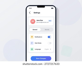 Uma tela de dispositivo móvel mostra a interface de configurações com informações do usuário, preferências gerais, opções de segurança e configurações para notificações e modo escuro.