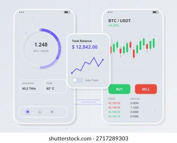 A mobile device screen shows details of cryptocurrency trading. It includes balance info, a graph of Bitcoin price changes, and hashrate data for Bitcoin mining.
