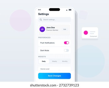 Uma tela de dispositivo móvel mostra as configurações do usuário. As opções incluem notificações por push e modo escuro. O usuário pode selecionar atualizações diárias, semanais ou mensais. O nível de volume também está visível.