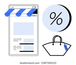 Mobile device screen with storefront awning, large percentage icon, and shopping bag with tag. Ideal for e-commerce, digital marketing, online shopping, sales promotions, retail apps, SEO strategies