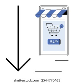 Uma tela de dispositivo móvel com um toldo azul e branco listrado, mostrando um carrinho de compras com notificações e um botão COMPRAR. Um símbolo de seta apontando para baixo é colocado ao lado dele. Ideal para e-commerce