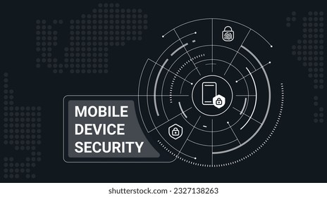 Mobile device security concept banner template. Sensitive data privacy. Network connection. Infographics on black background with icons, text. Editable vector illustration. Roboto font used