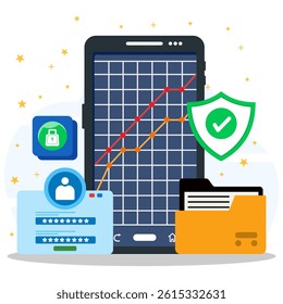 Mobile device security concept. Security system to protect user account data and master password. 
