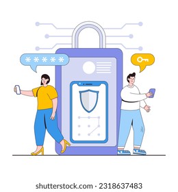 Mobile device security vector illustration concept with characters. Device encryption, secure lock screens, mobile security apps. Modern flat style for landing page, web banner, infographics.